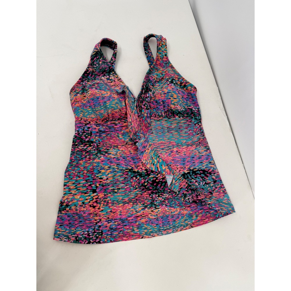 Love Your Assets Spanx Tankini Top Womens Pink Blue Abstract Ruffle Sz M